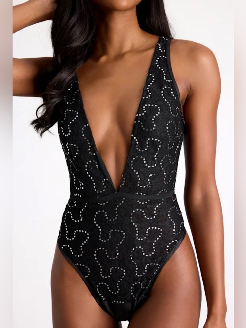 NWT Lulu’s Black Lace Rhinestone Sleeveless Plunge Bodysuit - Small